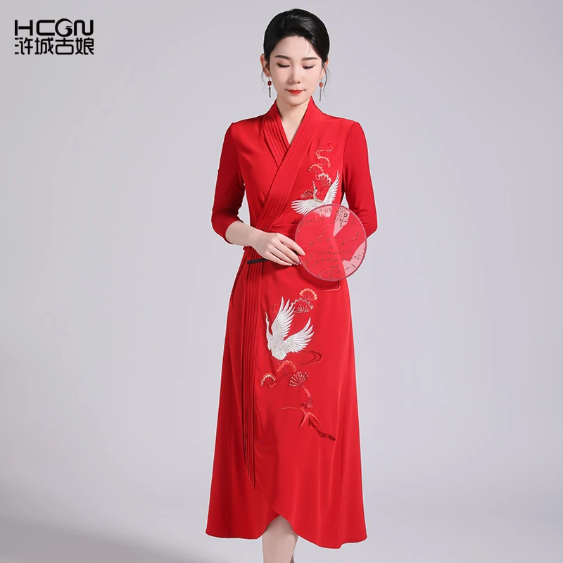 醋酸中式系带精致仙鹤刺绣宽松显瘦优雅气质女仙瑞连衣裙BMT11300