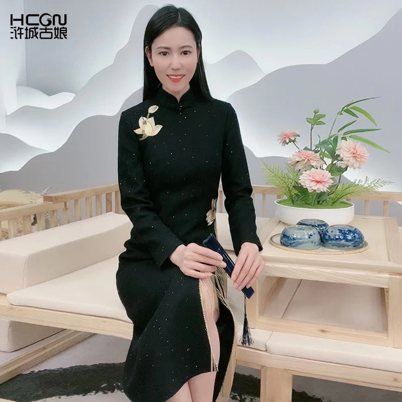 浒城古娘中式国风气质高贵复古长袖刺绣云熙旗袍连衣裙-22D17512