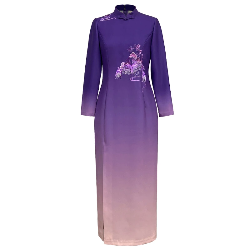 浒城古娘中式国风气质复古优雅长款松影江山旗袍连衣裙-22C17181