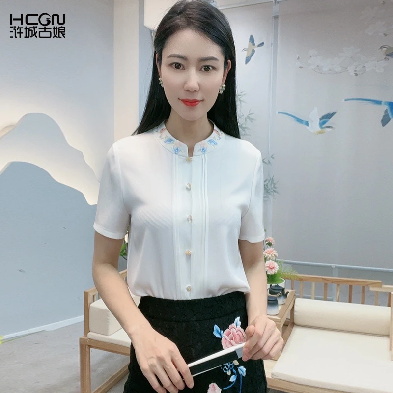 浒城古娘夏季中式醋酸立领时尚舒适白色设计感女悠悠衬衫BMT18806