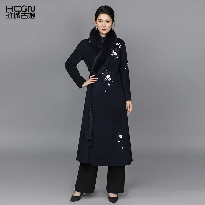 【100%绵羊毛】浒城古娘中式秋冬女装气质芳梅双面呢大衣DMT11387