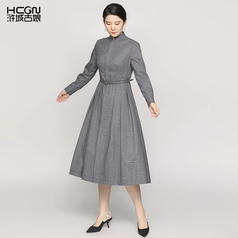 浒城古娘中式国风复古气质精致日常绵羊毛千鸟格衬衫裙-22D11255