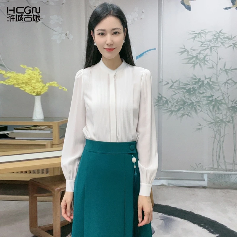 桑蚕丝中国风秋季长袖立领气质简约白色百搭职业洛白衬衫CMT18911