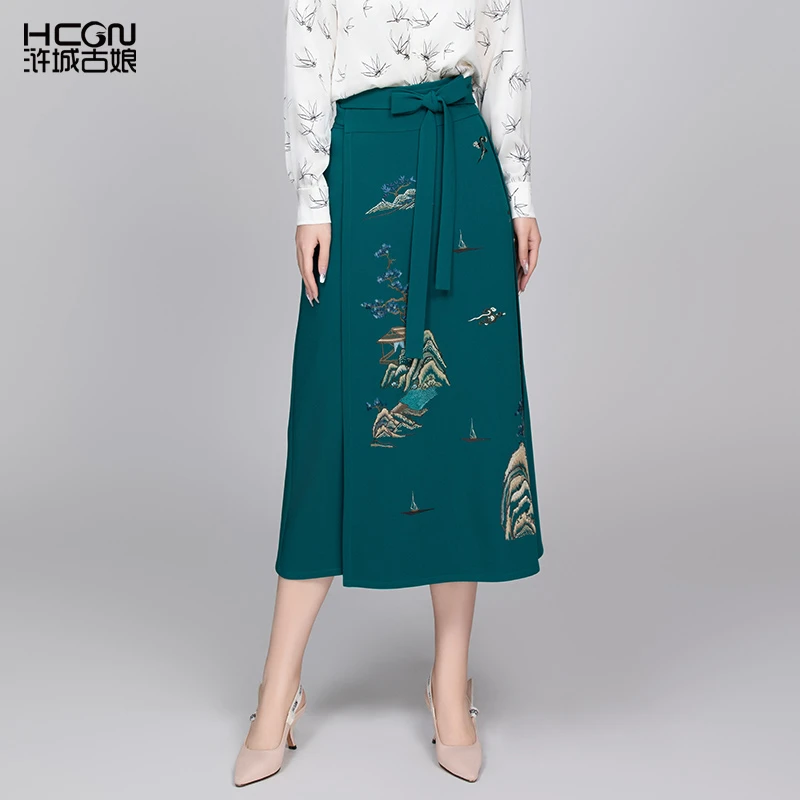 浒城古娘秋冬中国风女气质显瘦高腰中长款水榭亭台半裙-CMT19630