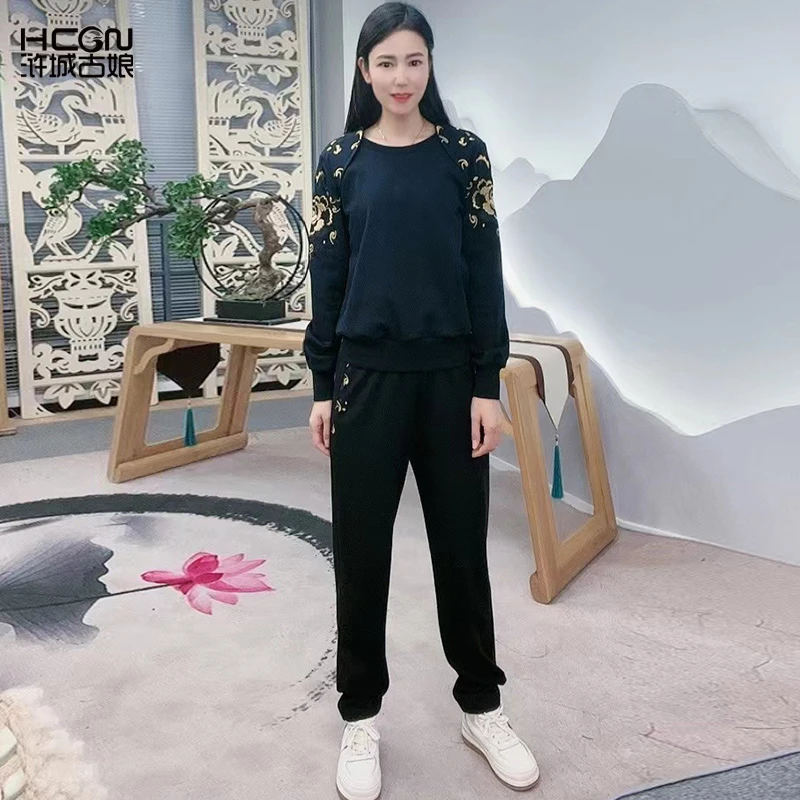 浒城古娘中式国风春秋刺绣休闲运动舒适百搭禅花卫裤-22C19391