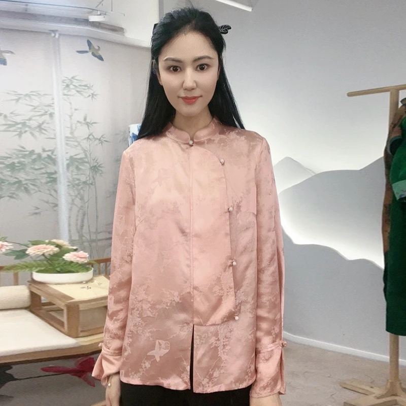 新中式气质手工盘扣真丝舒适立领轻奢女士宽松长袖衬衫SY032906