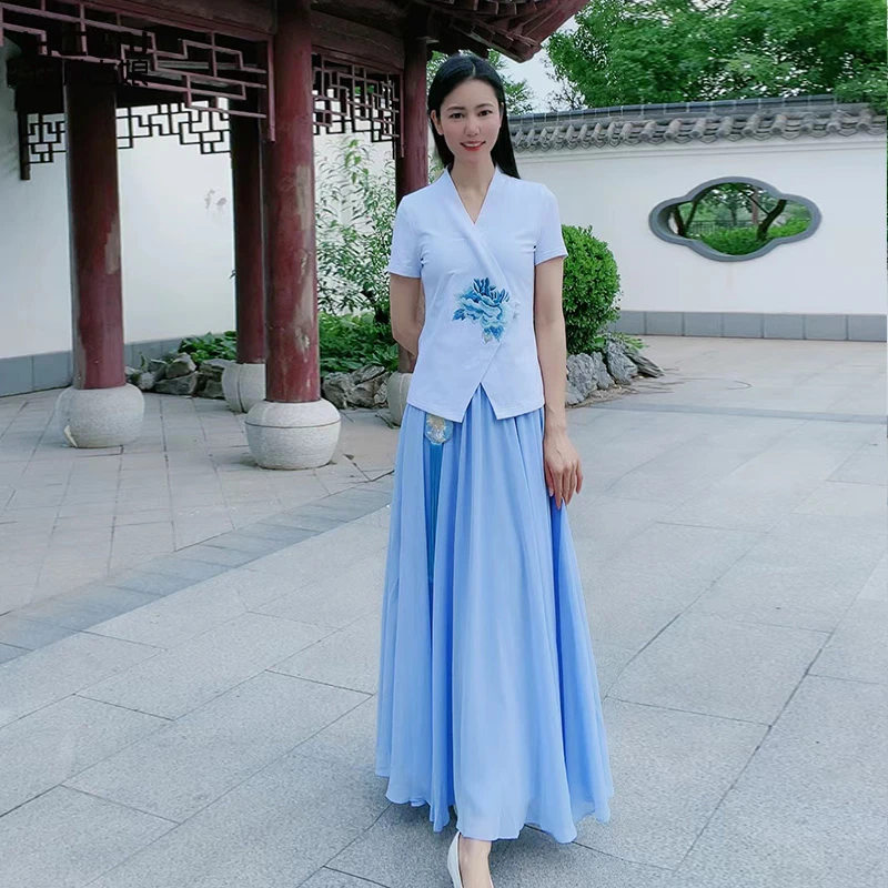 浒城古娘中式国风复古刺绣百搭时尚修身显瘦天香牡丹T恤-22B18370