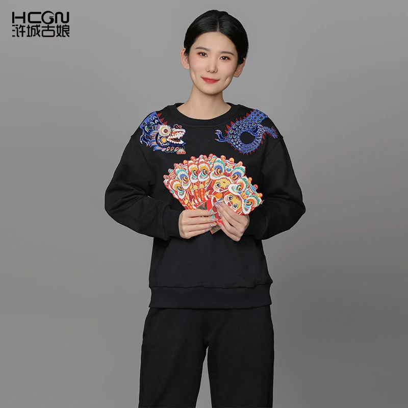 【棉质】中国风宽松精致刺绣百搭气质休闲舒适女游龙卫衣ACL181051