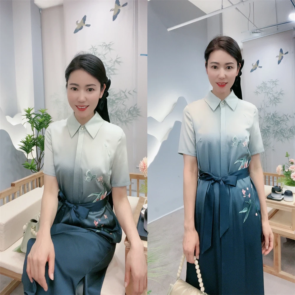 醋酸中式夏季渐变色系带精致绣花清凉舒适竹月青碧连衣裙BMT11285