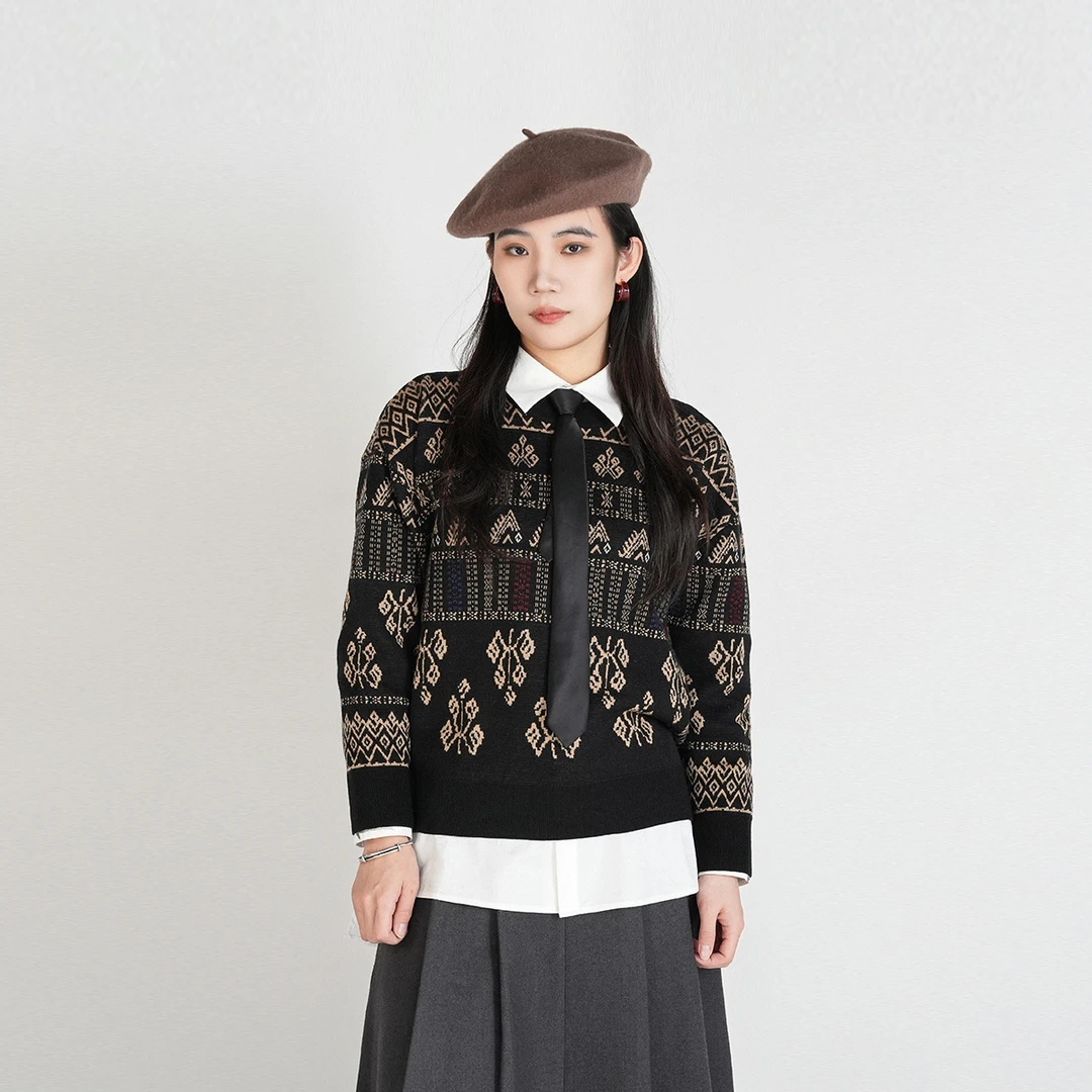 hcgn中国风绵羊毛舒适保暖秋冬新款百搭秉文提花毛衫HASS160001