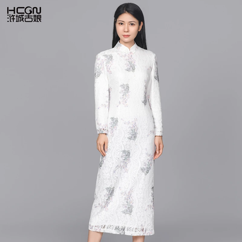 中国风秋季立领长袖精致印花修身显瘦紫云裳印花凤连衣裙CMT17787