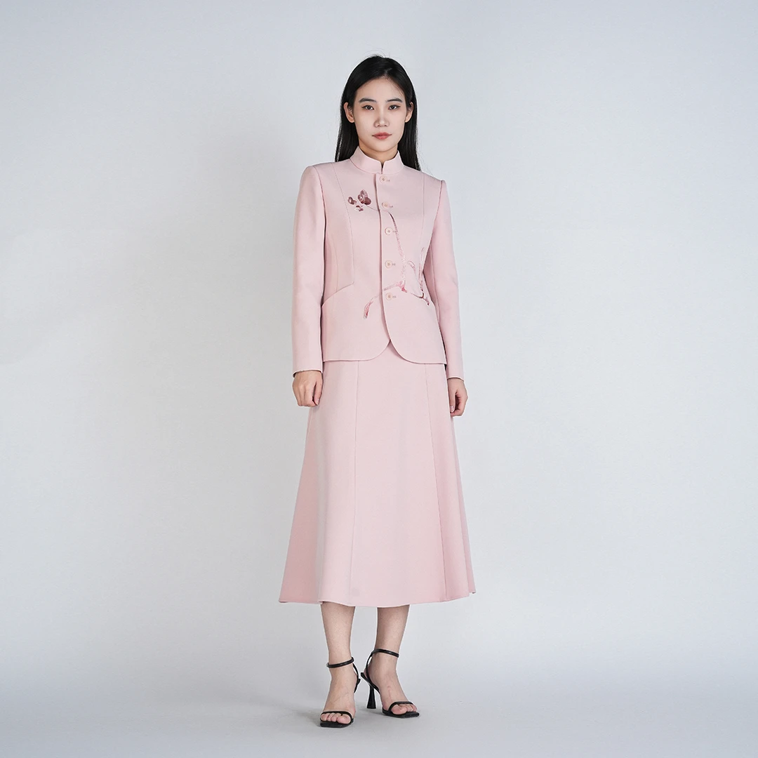 国风优雅立领长袖气质通勤女刺绣羽摇套装HASS180001+HASS090001