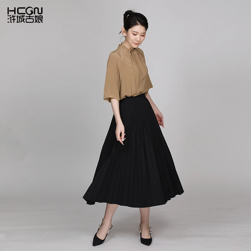 hcgn中国风桑蚕丝纯色简约百搭通勤宽松女士T恤慕阳上衣CMT18910