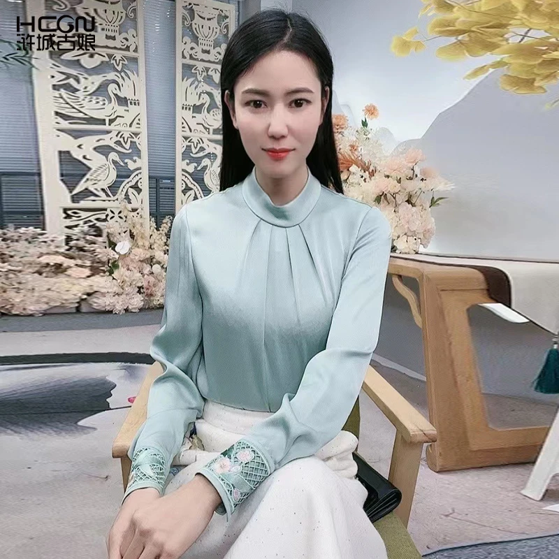 秋冬国风刺绣醋酸竹叶舒适百搭通勤长袖立领上衣宛筠衬衫23A18621