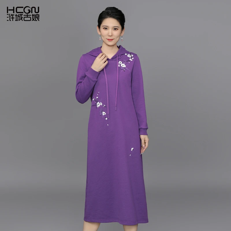 国风秋冬纯棉运动连帽复古百搭舒适时尚气质女幽梅连衣裙DMT17833