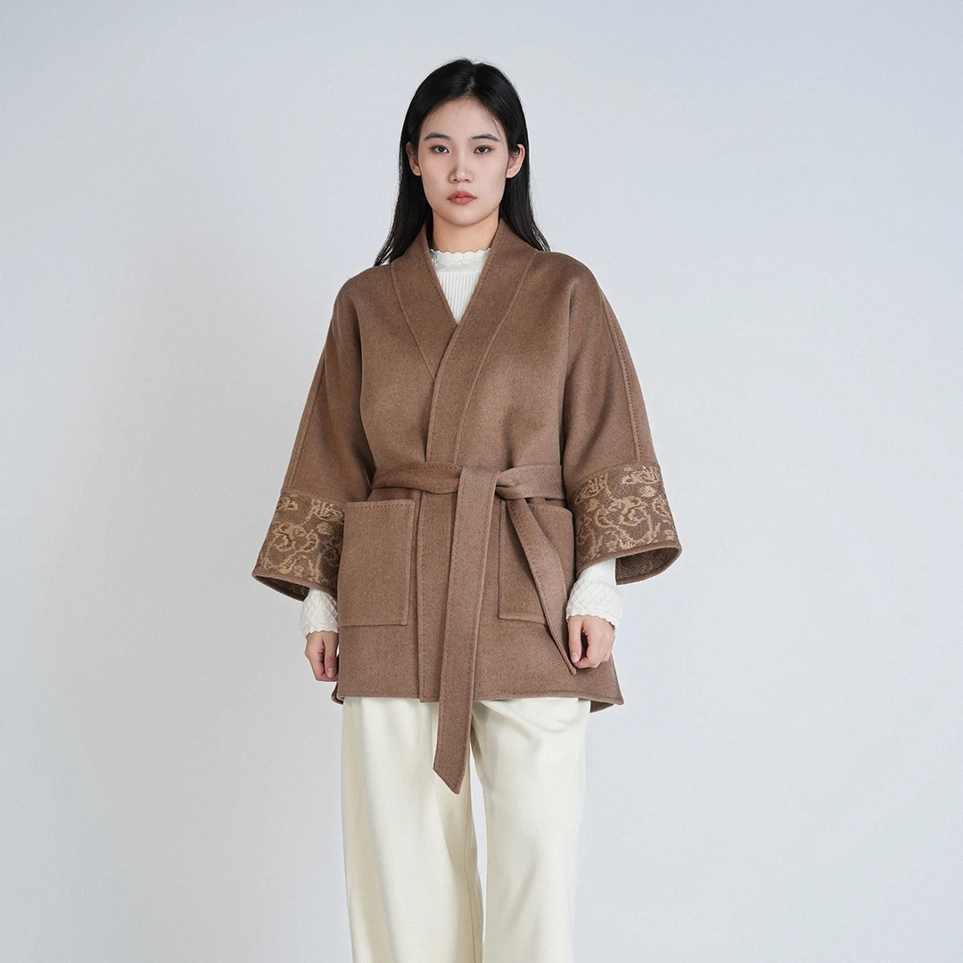 国风山羊绒短款舒适百搭气质刺绣系带V领静昀双面呢大衣CCL11582