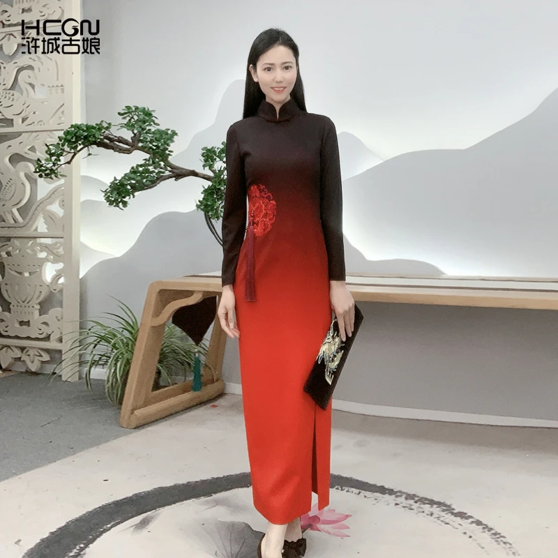 国风中式立领修身显瘦气质时尚重工带流苏渐变团花旗袍21C17119