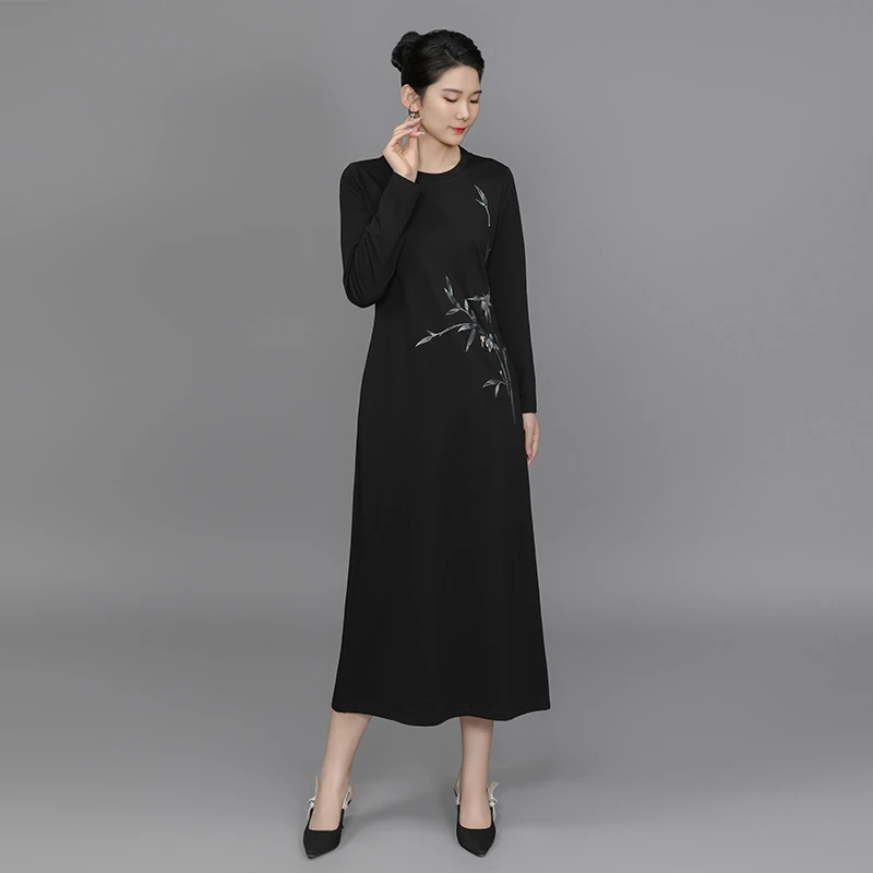 浒城古娘棉质中国风竹叶刺绣百搭时尚女保暖安和连衣裙DMT17853