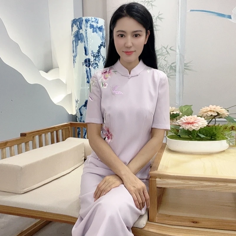 2023夏季新款中式淡雅气质国风刺绣立领短袖女晔夏连衣裙BMT17627