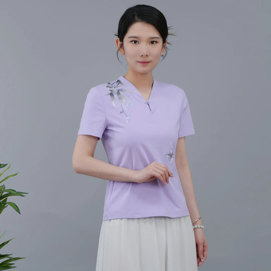 中式棉质绣花简约百搭通勤宽松女士竹清中式上衣短袖T恤BMT18823