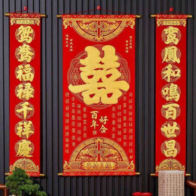 2025新款植绒布结婚喜庆婚礼婚房婚庆布置装饰对联喜字中堂婚联