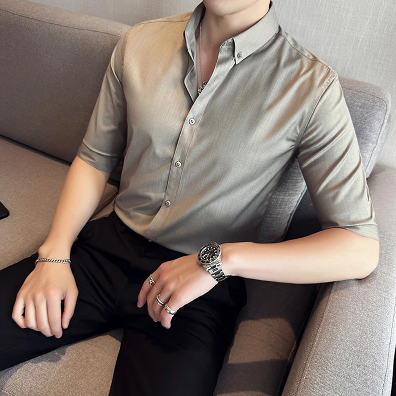 纯色七分袖衬衫男中袖韩版夏季型男简约百搭休闲帅气五分袖薄款