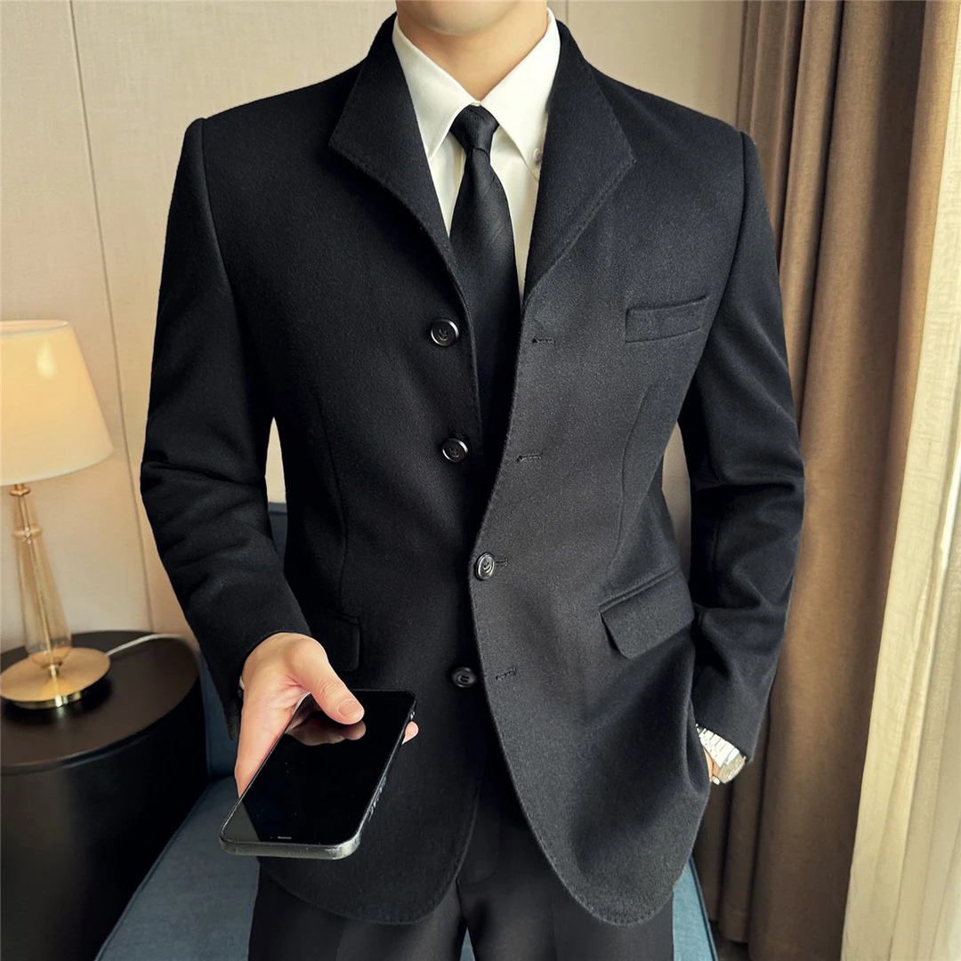 中式立领休闲西装男士外套秋冬毛呢加厚商务修身帅气中山装西服