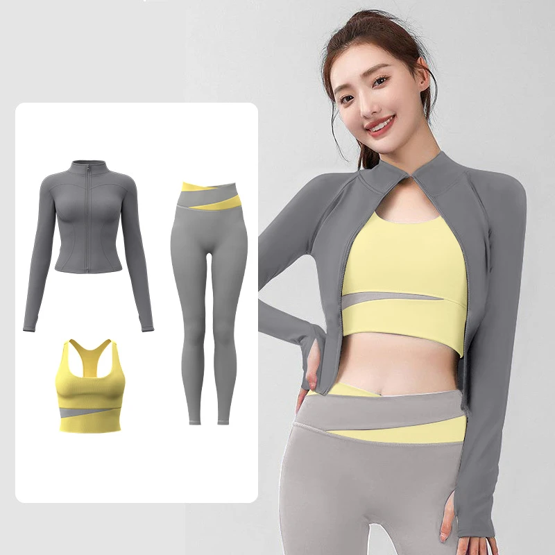 三件套蜜桃拼色瑜伽套装外套文胸裤子弹力运动服