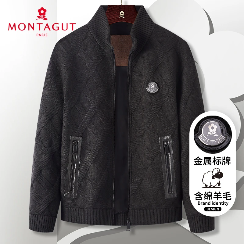 梦特娇冬新品男立领夹克商务针织衫外套开衫加厚保暖J302352012