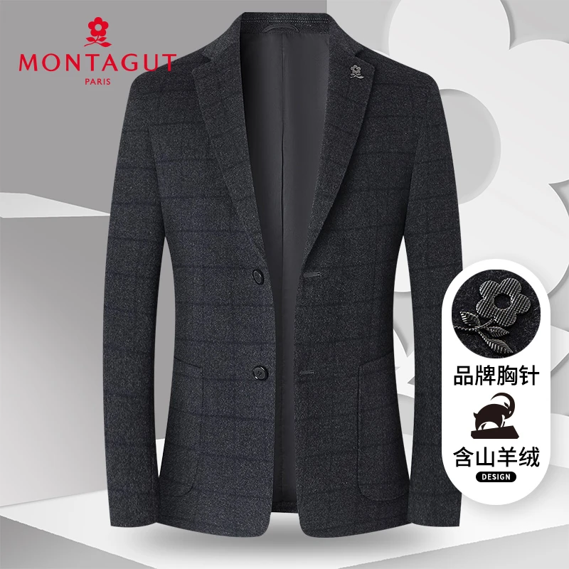 梦特娇秋冬新品绵羊毛格纹男士西服外套单西正装西装J301355013