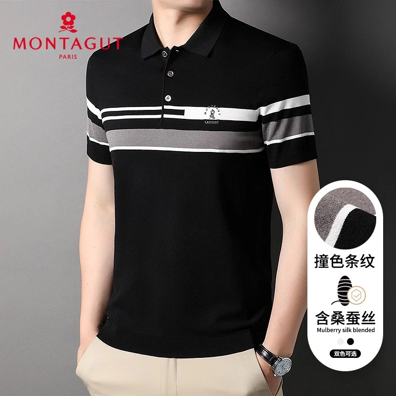 梦特娇夏季新商务高档含桑蚕丝撞色轻薄短袖polo衫男382113182-Z