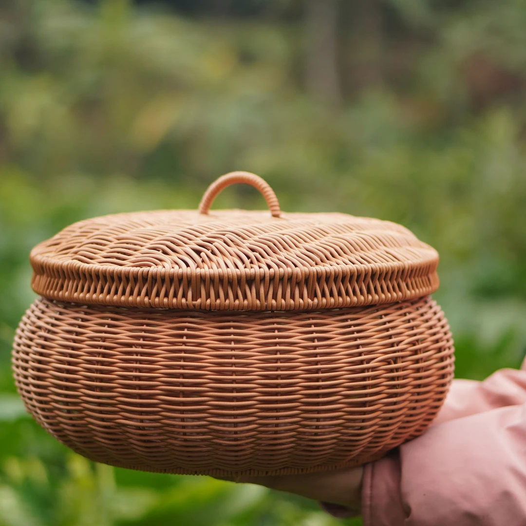 藤编水果篮鸡蛋篮客厅酒店观赏篮茶叶筐复古圆形收纳篮带盖子大号