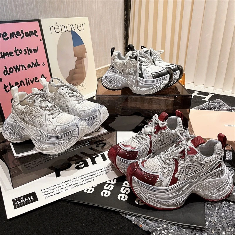 巴黎老爹鞋女鞋2024新款擦色厚底增高运动休闲鞋小个子红色小白鞋