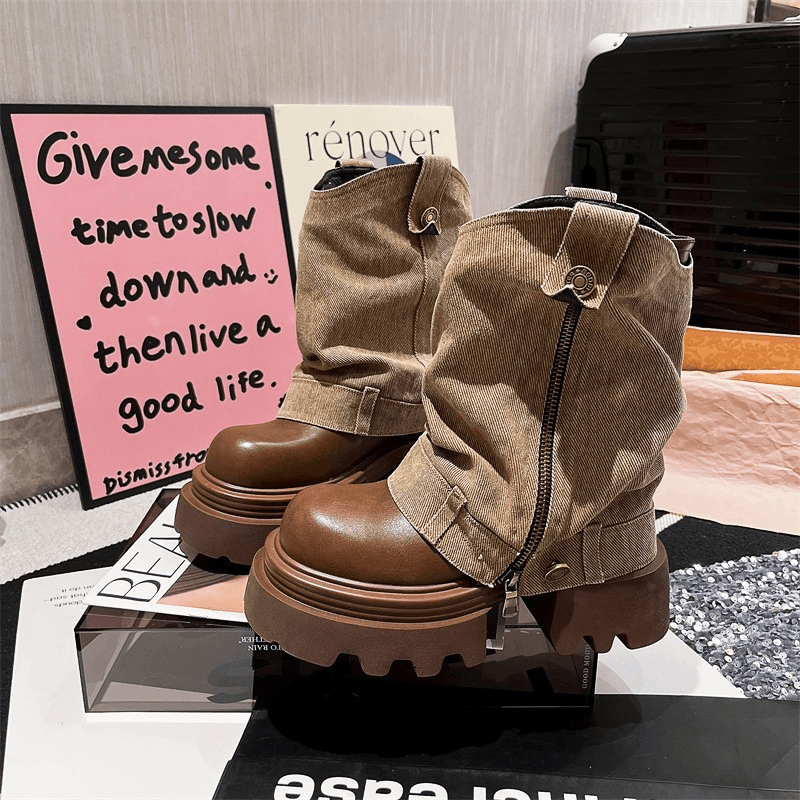 马丁靴2024年西部牛仔布走秀款假两件机车靴显瘦小个子辣妹短筒靴