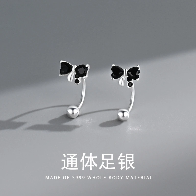 足银合成锆石耳饰 s999足银黑色锆石蝴蝶结U型螺丝女韩版甜美气质