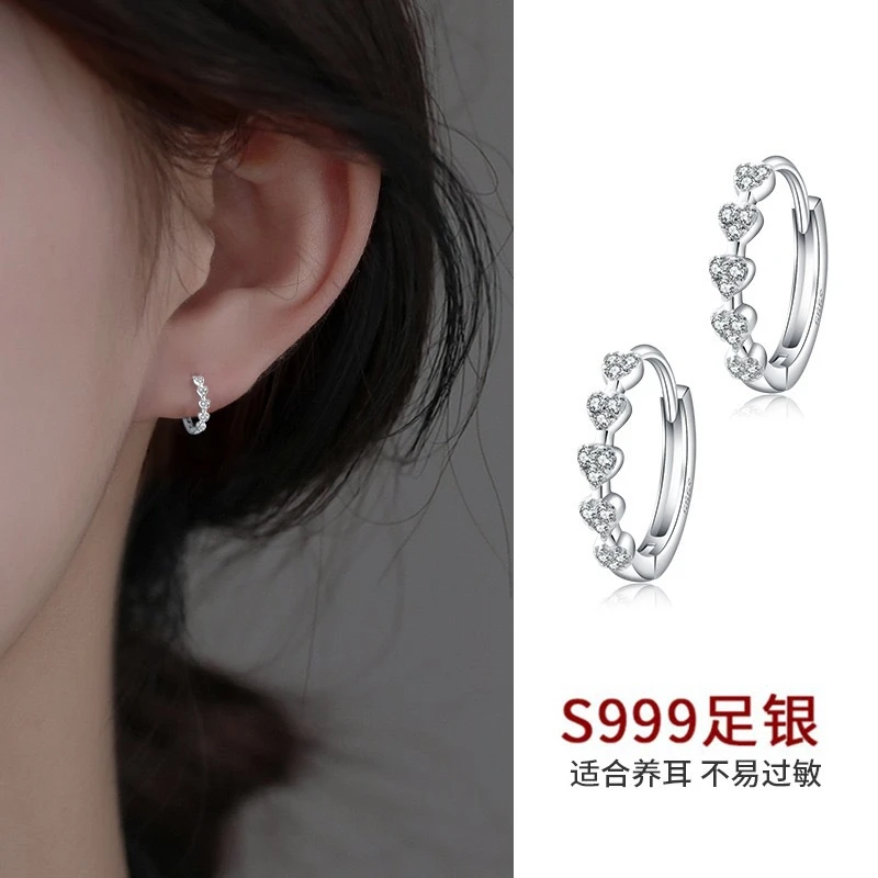 足银合成锆石耳饰 S999足银爱心锆石耳圈小众设计气质百搭