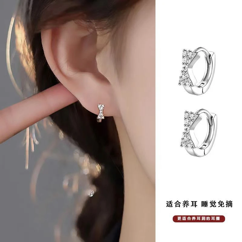 足银合成锆石耳饰 999足银微镶锆石蝴蝶结耳扣女轻奢小众气质耳环