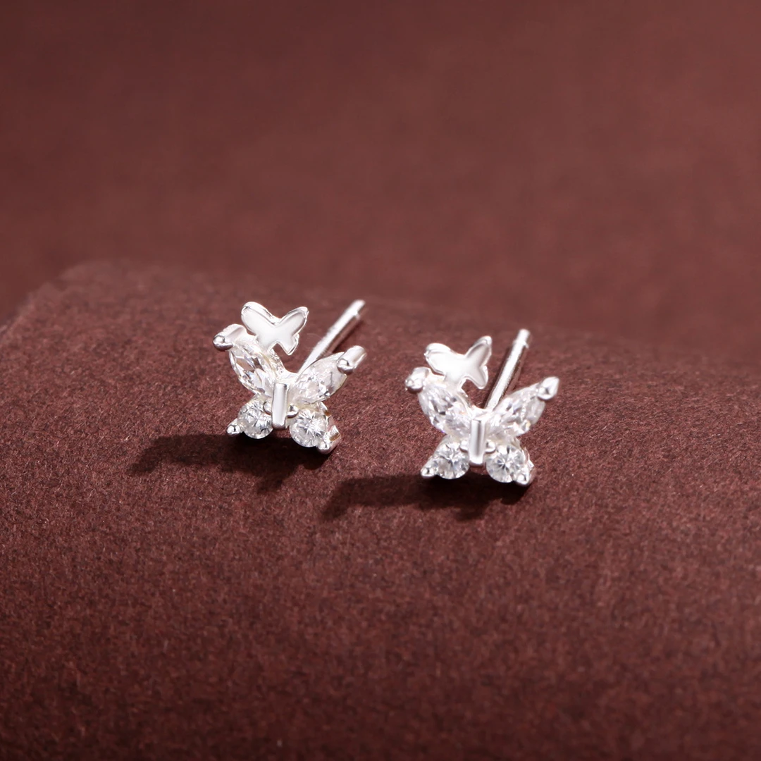 足银合成锆石耳饰 S999足银闪钻双蝴蝶耳钉超仙精致小众设计耳饰