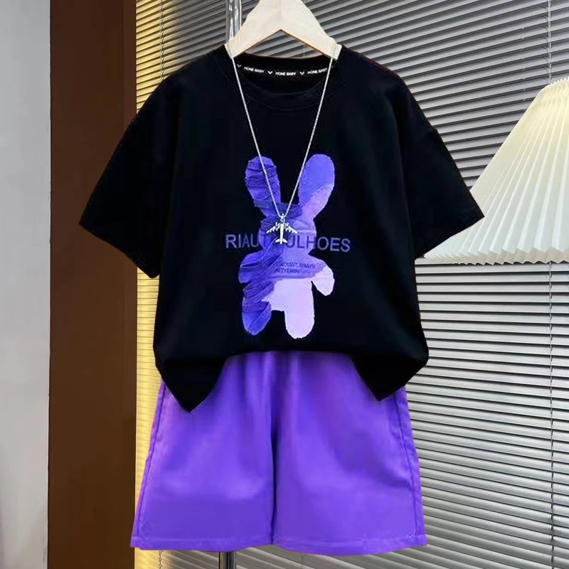 男童夏季休闲短袖套装紫色兔子T恤中大童时尚百搭夏款工装裤童装