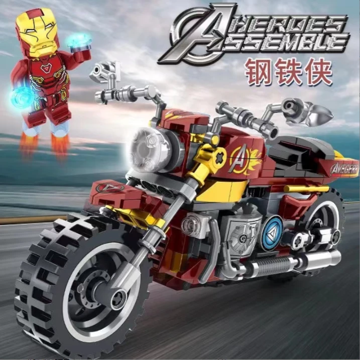 中国积木钢铁侠摩托车益智拼装玩具男孩组装模型摆件孩子礼物