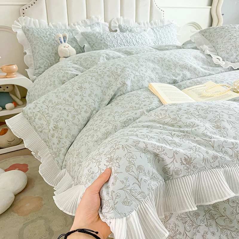 韩式全棉雪纺夹棉床盖四件套公主风三件套纯棉被罩被套加厚家用单