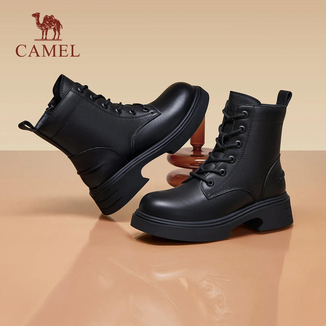 骆驼女鞋2025秋季新款真皮英伦风系带休闲粗跟短靴子女中筒马丁靴