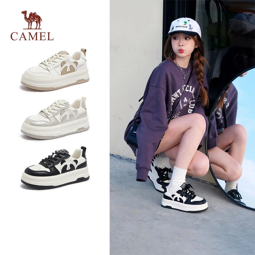 【熊猫】骆驼2025春新款黑白运动鞋小白鞋女滑板厚底休闲L25S208605