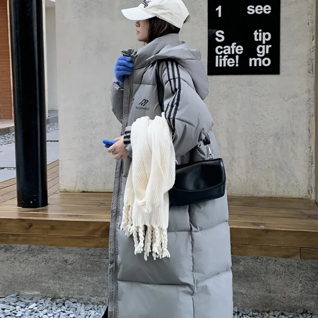 T2024新款3条杠棉服女长款过膝加厚韩版宽松运动风冬装外套6388