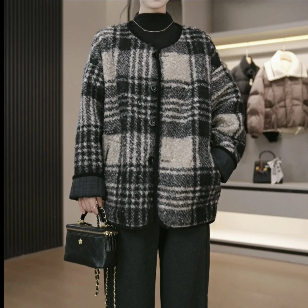 A85 两面穿经典格纹小香风拼色加厚外套圈圈毛呢大衣新8048