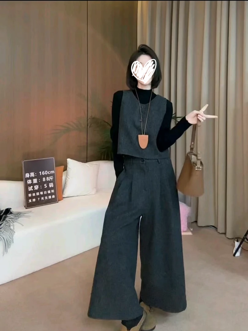 高级感羊毛呢马甲套装女2024秋冬气质九分阔腿裤三件套8038