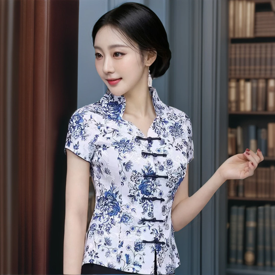 唐装夏季改良版修身显瘦旗袍领短袖上衣青花瓷中国风复古时尚女装