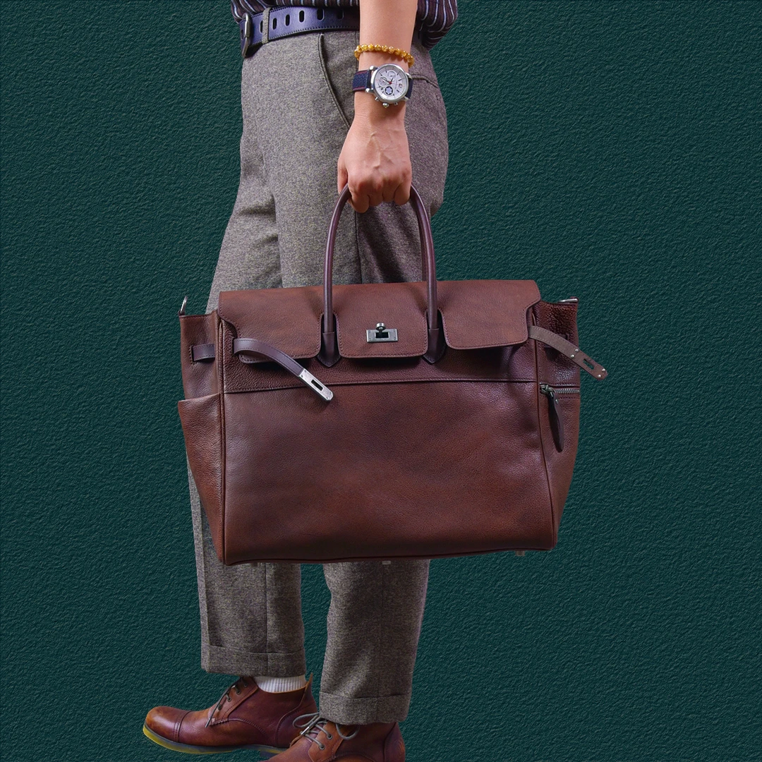 二十四街  复古植鞣牛皮潮流男士包真皮手工擦色小众大号手提包