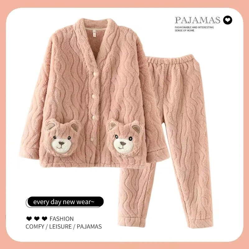 睡衣女秋冬季新款珊瑚绒加绒加厚小熊口袋可爱家居服可外穿套装