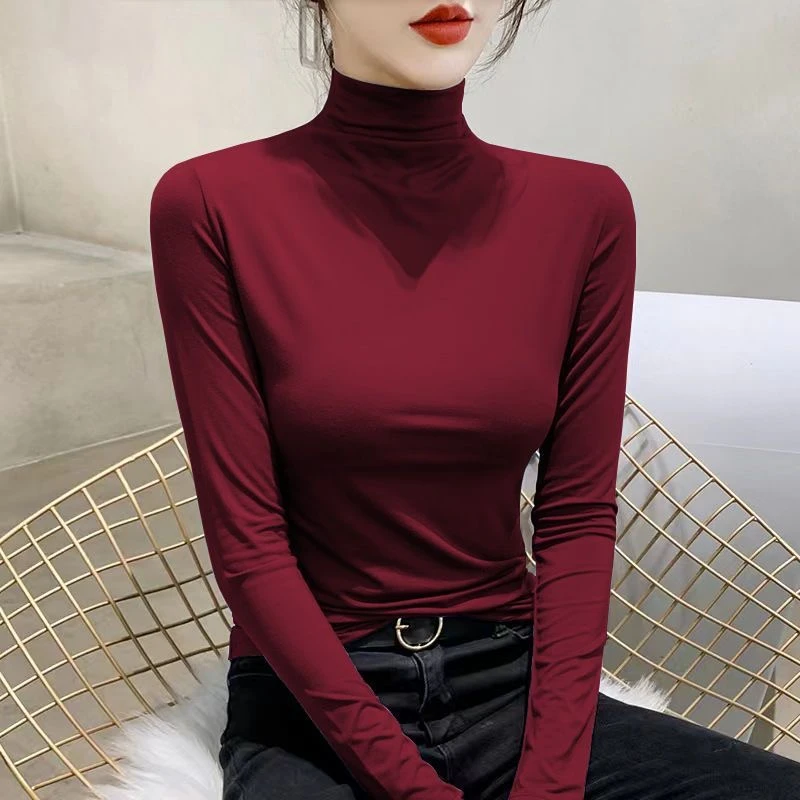 安可拉红色高弹力莫代尔打底衫女秋冬内搭新款半高领长袖t恤上衣